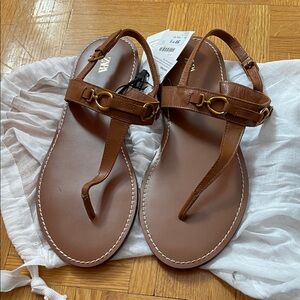 Zara Tan Leather T-Strap Sandals with Gold Accents